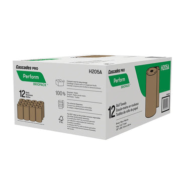 Cascades PRO Perform 1-Ply Brown Paper Towel Rolls – 12 Pack, 205 ft Each