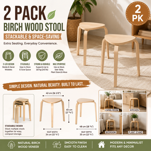 (2 PACK) IKEA Natural Birch Wood Round Stool – Modern Multipurpose Seat for Kitchen, Bedroom & Living Room