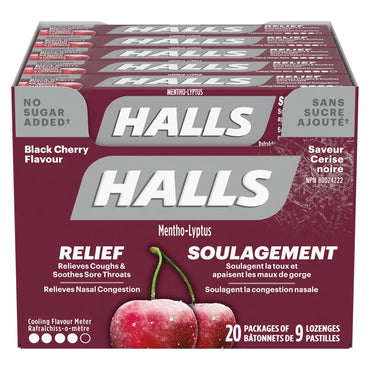 Halls Black Cherry Flavour With No Sugar Added Cough Drops, 20 × 9 lozenges