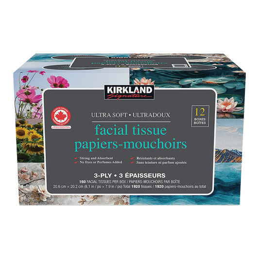Kirkland Signature Ultra Soft Facial Tissues – 12 Pack | Gentle, Strong & Soft Everyday Facial Tissues for Home or Office Use