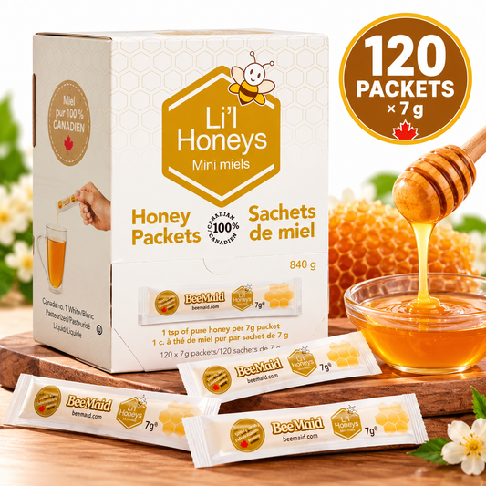 BeeMaid Li'l Honeys 100% Pure Canadian Liquid Honey Packets, 120 Count × 7 g (840 g Total), Individual Single-Serve Honey Sachets, Convenient Natural Sweetener for Tea, Coffee, Breakfast