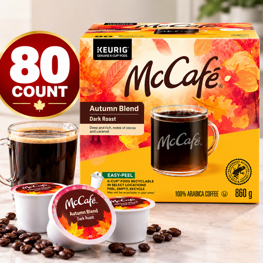 (80 Count) McCafé Autumn Blend Dark Roast Coffee K-Cup Pods, 100% Arabica Coffee, Rich Bold Flavour with Cocoa & Caramel Notes, Fairtrade Certified, Single-Serve Coffee Pods Compatible with K-Cup Brewing Systems