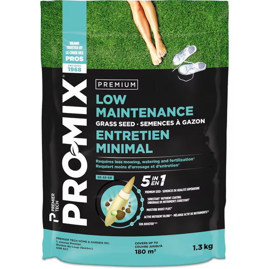 PRO-MIX Low Maintenance Grass Seed, 5-in-1 Lawn Mix, Fast Germination in 7 Days, 1.3 kg – Covers up to 180 m² for Easy Care Lawn Growth