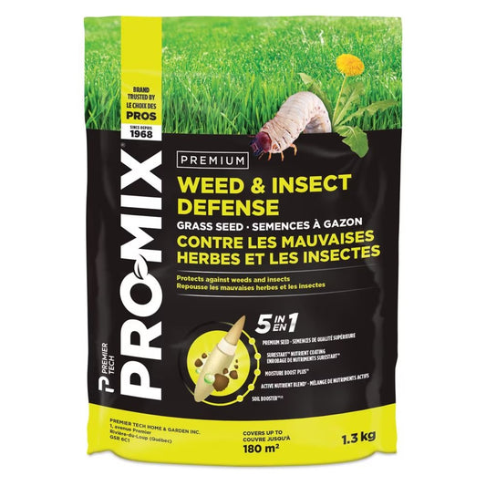 PRO-MIX Weed & Insect Defense Grass Seed, 5-in-1 Lawn Care Mix, 1.3 kg – Covers up to 180 m² for Thick, Healthy Lawn Growth