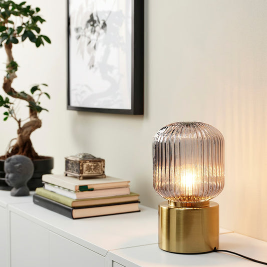 IKEA SOLKLINT Table lamp, brass/gray clear glass, 28 cm (11 ")