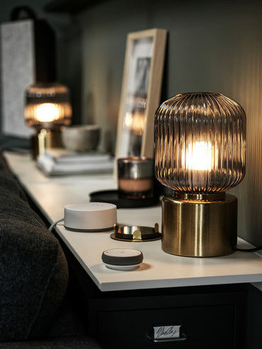 IKEA SOLKLINT Table lamp, brass/gray clear glass, 28 cm (11 ")