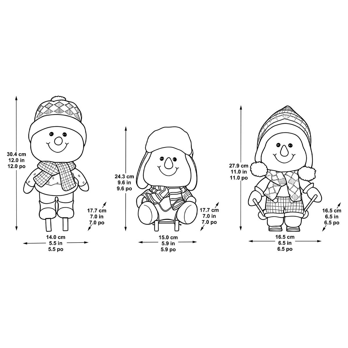 (3-Piece) Plush Snowman Christmas Figurine Set – Skiing, Sleigh & Skating Holiday Decorations