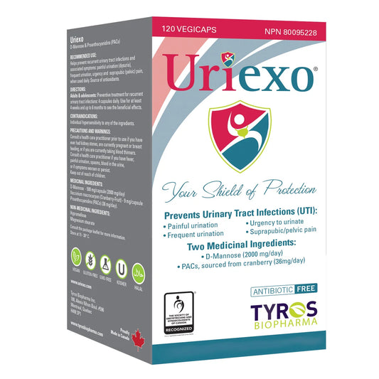 Uriexo Vegicaps – For Urinary Tract Infection (UTI), Antibiotic-Free, D-Mannose & Proanthocyanidins (PACs), 2 x 120 Vegicaps