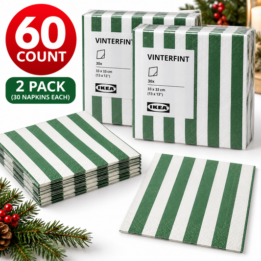 (60 Count) IKEA VINTERFINT Green & White Striped Paper Napkins, 33 × 33 cm, Disposable Dinner Napkins for Christmas, Holiday Parties, Dining Tables & Festive Decorations