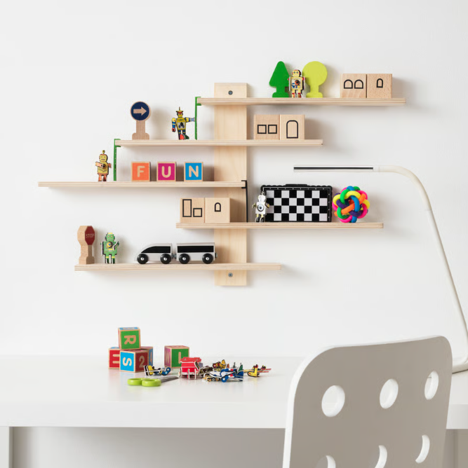 Wooden Wall Shelf with Adjustable Shelves & 3 Mini Ladders – Wall-Mounted Toy & Décor Display Organizer ( Decorative toys, plants, and accessories shown in images are not included )