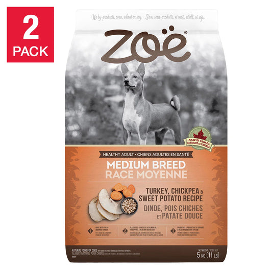Zoe Medium Breed Dry Dog Food, Turkey Chickpea and Sweet Potato Recipe, 2 x 5 kg (11 lb)