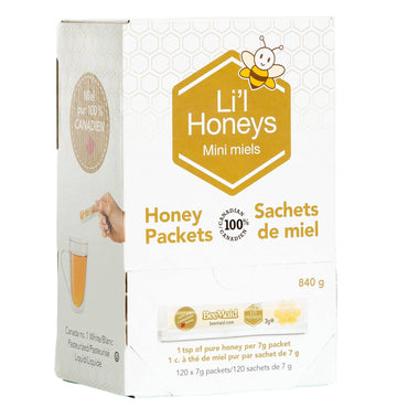 BeeMaid Li'l Honeys 100% Pure Canadian Liquid Honey Packets, 120 Count × 7 g (840 g Total), Individual Single-Serve Honey Sachets, Convenient Natural Sweetener for Tea, Coffee, Breakfast