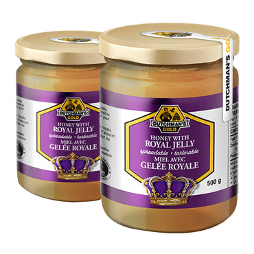 Dutchman's Gold Honey with 2% Royal Jelly, 2-Pack × 500 g (1 kg Total), Pure Canadian Unpasteurized Creamed Honey, Smooth Spreadable Honey Blend for Toast, Tea, Smoothies & Breakfast