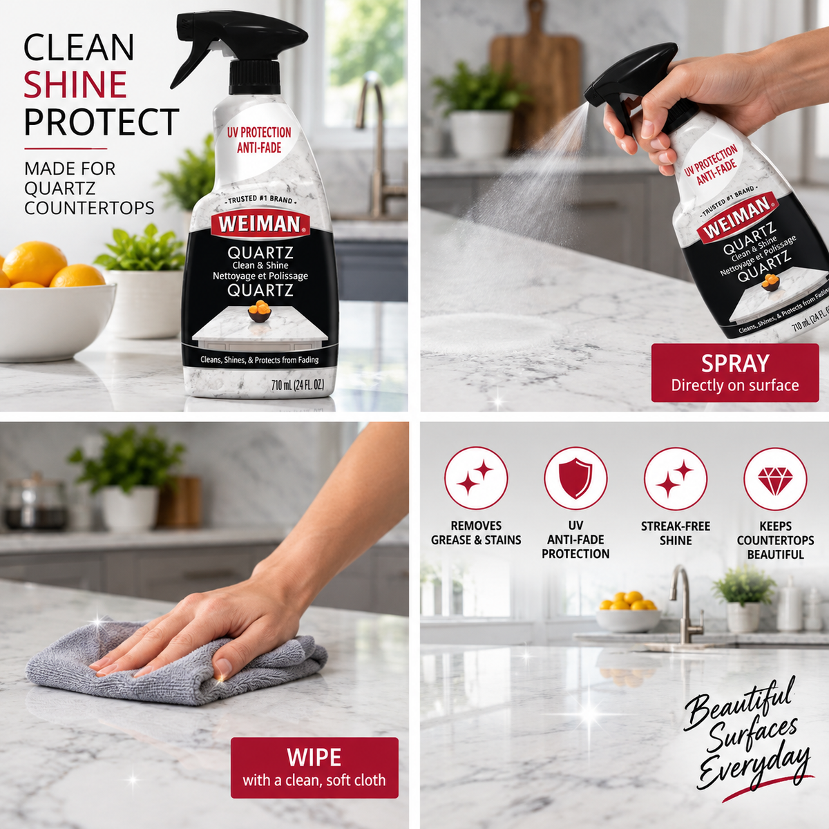 (2 Pack) Quartz Countertop Cleaner & Polish Spray, 710 mL – Ready-to-Use, Streak-Free Shine
