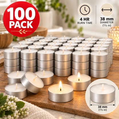 IKEA GLIMMA 100-Pack Unscented Tealight Candles, White, 4-Hour Burn Time, 38 mm (1½ in) Diameter, Plant-Based & Paraffin Wax Candles in Aluminum Cups for Home Décor, Weddings, Dining Tables, Parties & Candle Holders (Copy)