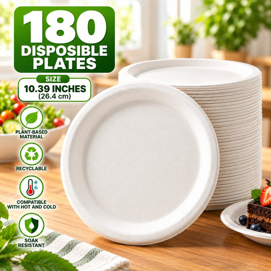 Forest for Climate Compostable Lunch Plates, 180 Pack, 22.5 cm (8.86 in), Round Disposable Plates, Soak-Resistant, Plant-Based Party Plates for Hot & Cold Food, BBQ, Picnics, Birthdays, Catering & Everyday Meals