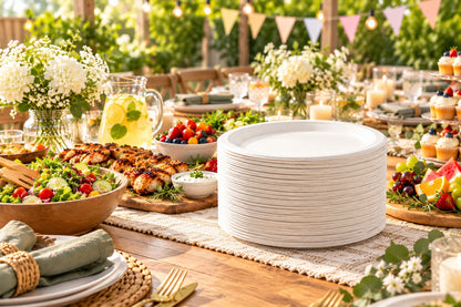 Forest for Climate Compostable Lunch Plates, 180 Pack, 22.5 cm (8.86 in), Round Disposable Plates, Soak-Resistant, Plant-Based Party Plates for Hot & Cold Food, BBQ, Picnics, Birthdays, Catering & Everyday Meals
