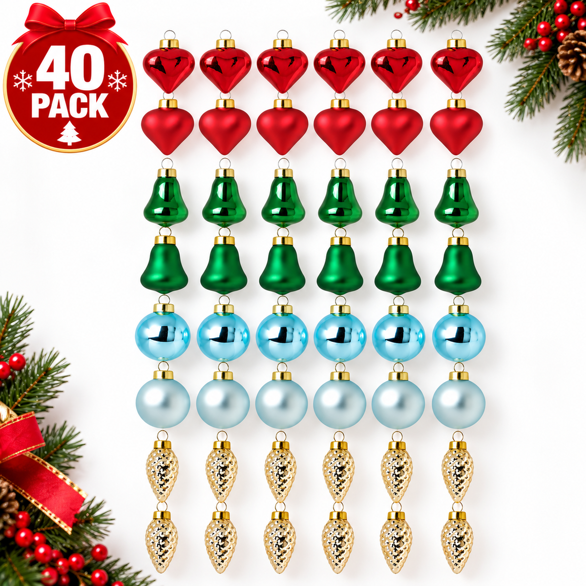 (40-Pack) IKEA VINTERFINT Christmas Tree Ornaments, Glass Bauble Set, Mixed Shapes & Colours, Decorative Hanging Xmas Balls for Christmas Trees, Holiday Parties & Festive Home Décor (Copy)