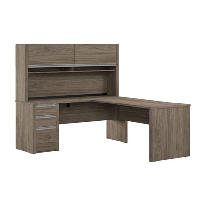 Bestar Stoneham L-Shaped Desk with Pedestal and Hutch