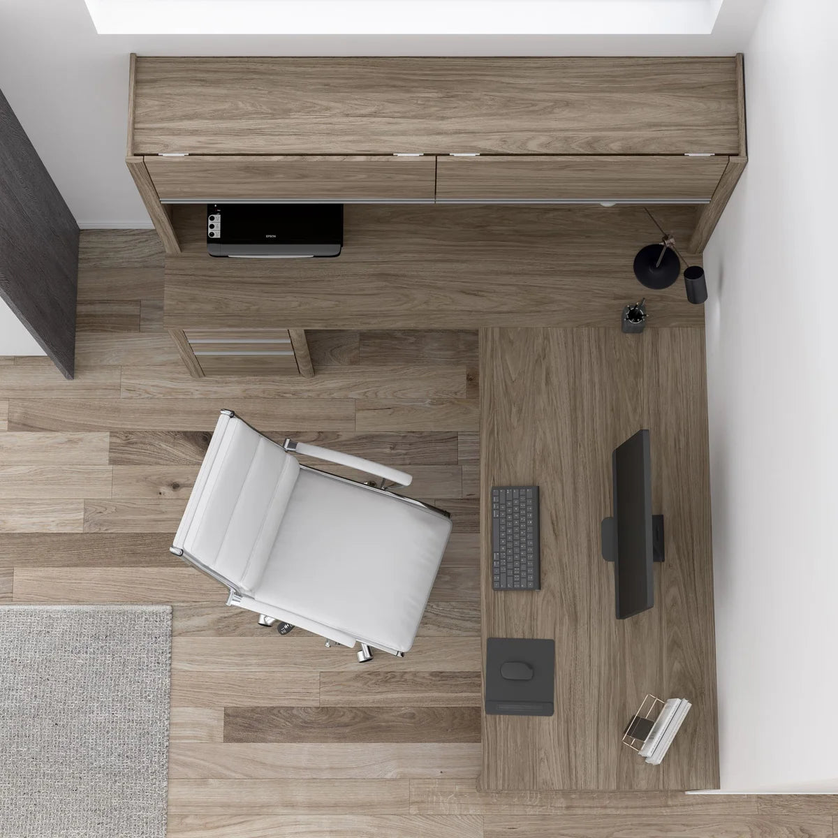 Bestar Stoneham L-Shaped Desk with Pedestal and Hutch