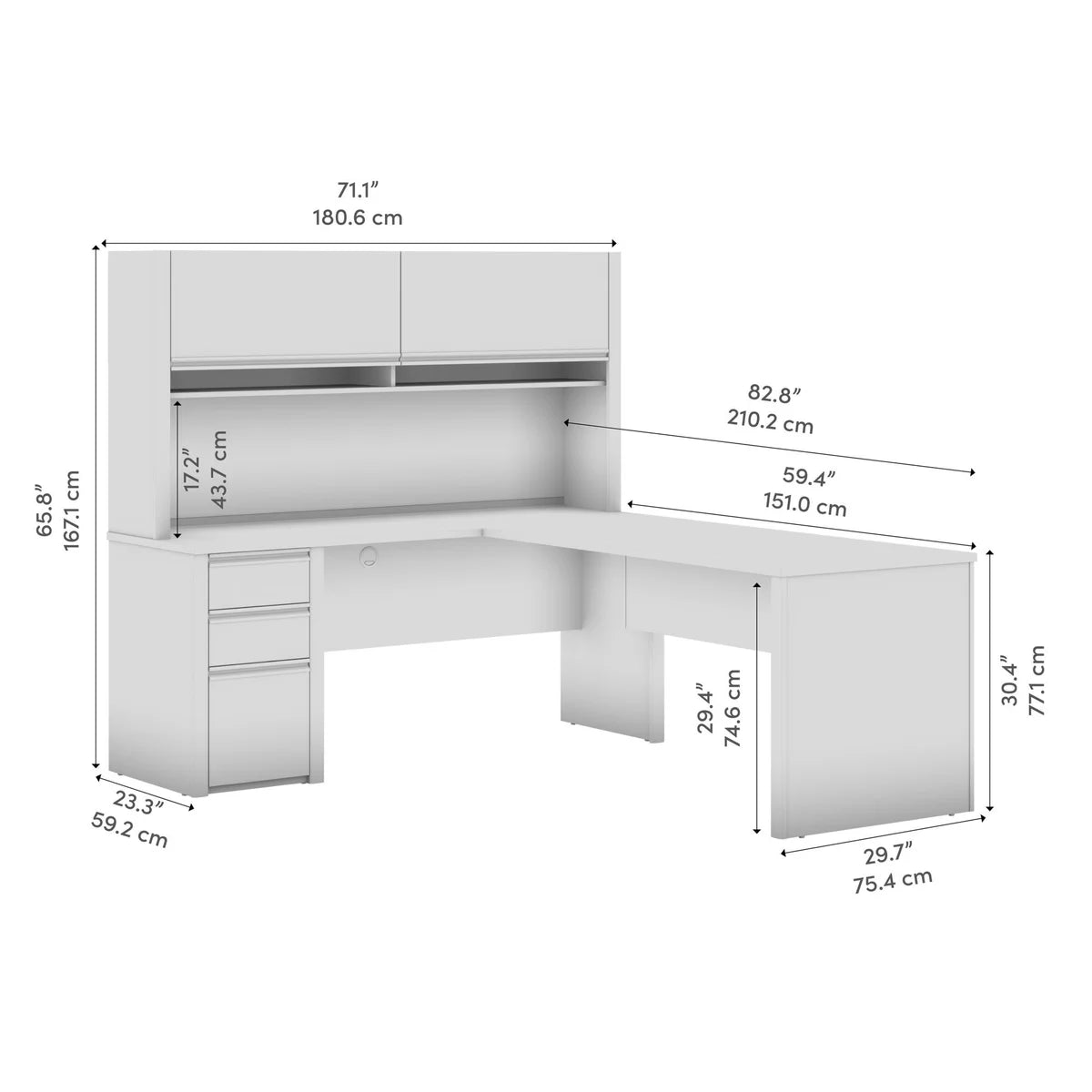 Bestar Stoneham L-Shaped Desk with Pedestal and Hutch