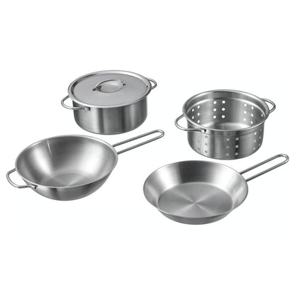 (5 Piece) IKEA DUKTIG toy cookware set, stainless steel color
