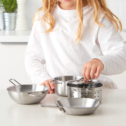 (5 Piece) IKEA DUKTIG toy cookware set, stainless steel color