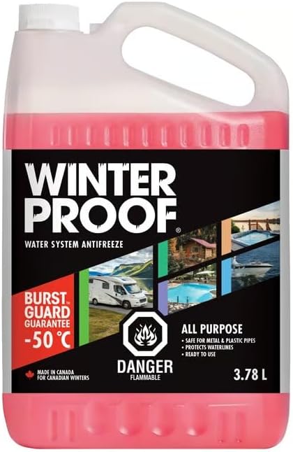 WinterProof All-Purpose Water System Antifreeze, 2 Pack × 3.78 L (7.56 L Total), -50°C (-58°F) Burst Protection, Ready-to-Use Plumbing Winterizing Liquid for RVs, Camper Trailers, Pools, Hot Tubs, Cottages, Cabins & Boats