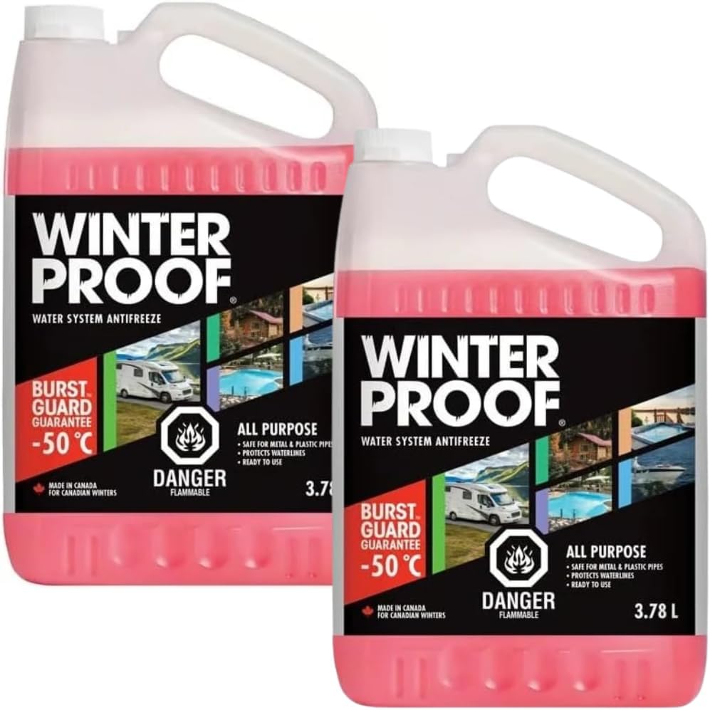 WinterProof All-Purpose Water System Antifreeze, 2 Pack × 3.78 L (7.56 L Total), -50°C (-58°F) Burst Protection, Ready-to-Use Plumbing Winterizing Liquid for RVs, Camper Trailers, Pools, Hot Tubs, Cottages, Cabins & Boats