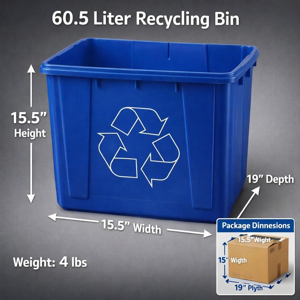 16 Gallon (60.5L) Recycle Bin, 15.5 x 15.5 x 19 Inches, Blue Recycling, 1-Pack
