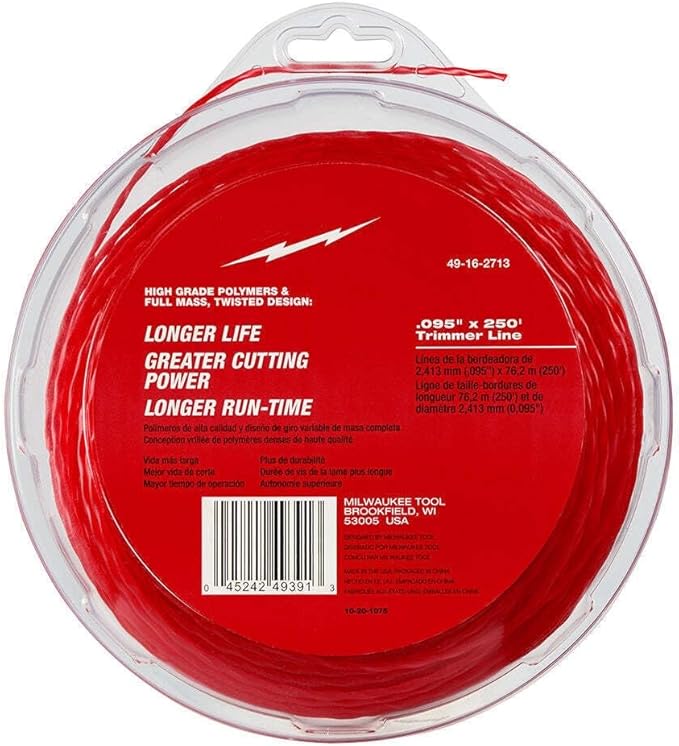 MILWAUKEE Trimmer Line, 0.095 in. x 250 ft, Red, Battery Powered