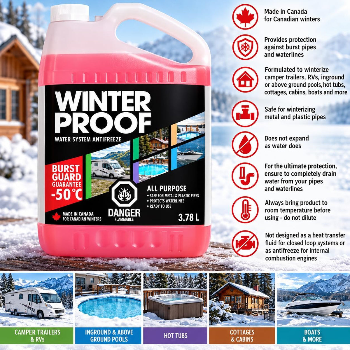 WinterProof All-Purpose Water System Antifreeze, 2 Pack × 3.78 L (7.56 L Total), -50°C (-58°F) Burst Protection, Ready-to-Use Plumbing Winterizing Liquid for RVs, Camper Trailers, Pools, Hot Tubs, Cottages, Cabins & Boats