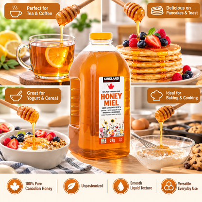 Kirkland Signature 100% Pure Canadian Liquid Honey, 3 kg (6.61 lb), Unpasteurized Canada No. 1 White Honey, Natural Sweetener for Tea, Coffee, Baking, Cooking, Pancakes & Toast