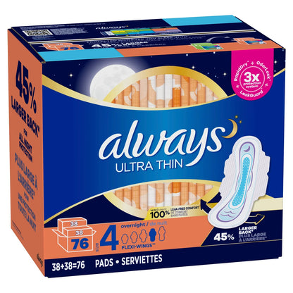 Always Ultra Thin Overnight Pads, Unscented with Wings, 76 Count