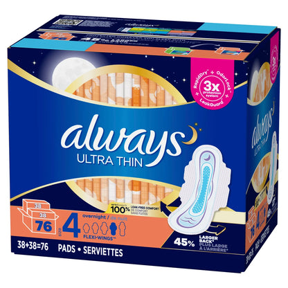 Always Ultra Thin Overnight Pads, Unscented with Wings, 76 Count