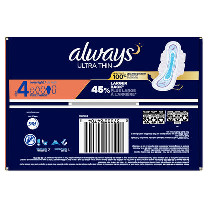 Always Ultra Thin Overnight Pads, Unscented with Wings, 76 Count