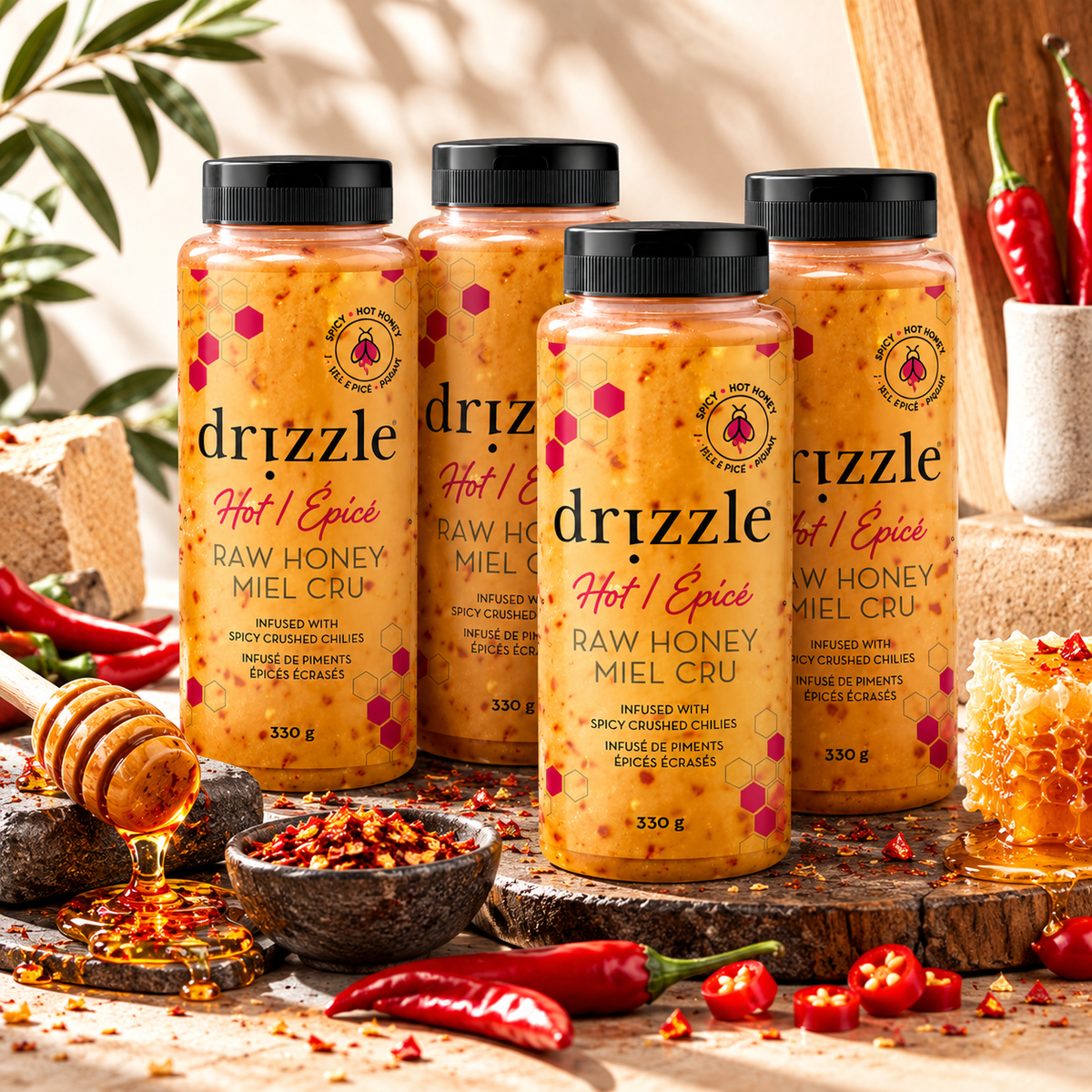 Drizzle Hot Raw Honey, 4-Pack × 330 g (1.32 kg Total), Canadian Chili-Infused Honey, Sweet & Spicy Natural Honey Sauce, 1800 Scoville Heat, Perfect for Pizza, Chicken Wings, BBQ, Cheese, Marinades & Glazes