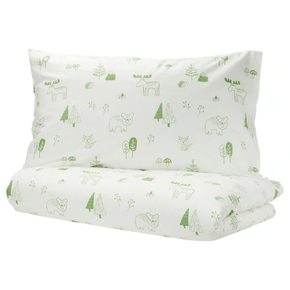 IKEA BARNDRÖM Duvet cover and pillowcase, white green/forest, Twin