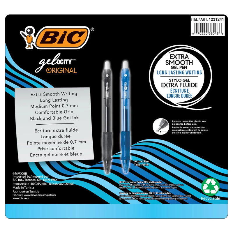 BIC Gel-ocity Black and Blue Gel Pens, 24-pack