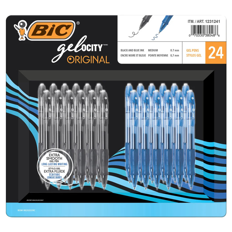 BIC Gel-ocity Black and Blue Gel Pens, 24-pack