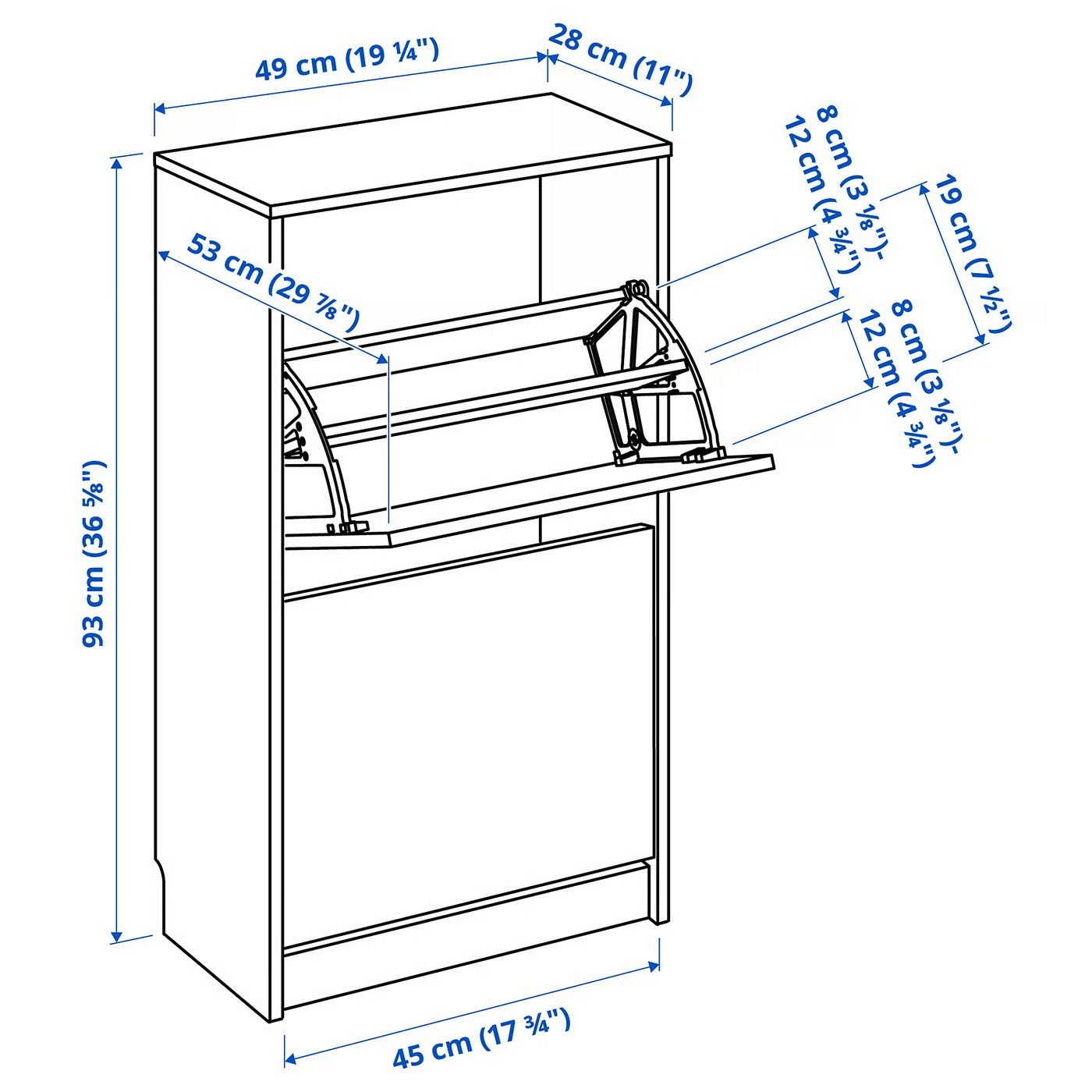 IKEA BISSA Shoe cabinet with 2 compartments, white, 49x28x93 cm (19 1/4x11x36 5/8 ")