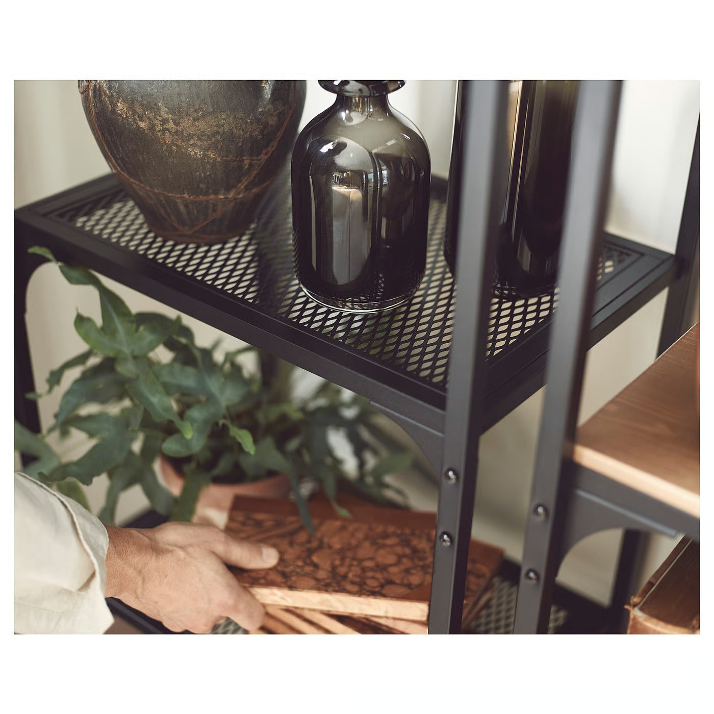 IKEA 4-Tier Shelf Unit with Solid Pine Top – Black Metal Storage & Display Rack, 51 x 36 x 136 cm