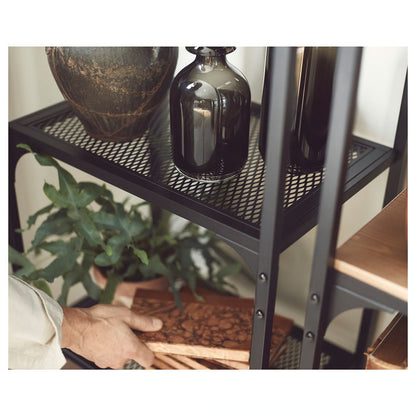 IKEA 4-Tier Shelf Unit with Solid Pine Top – Black Metal Storage & Display Rack, 51 x 36 x 136 cm