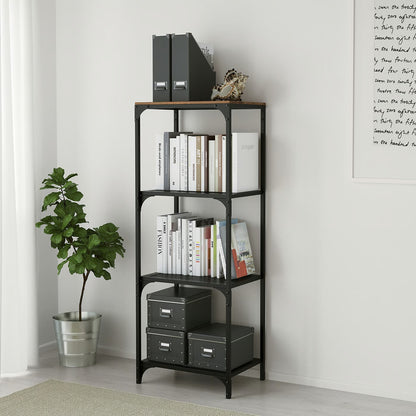 IKEA 4-Tier Shelf Unit with Solid Pine Top – Black Metal Storage & Display Rack, 51 x 36 x 136 cm