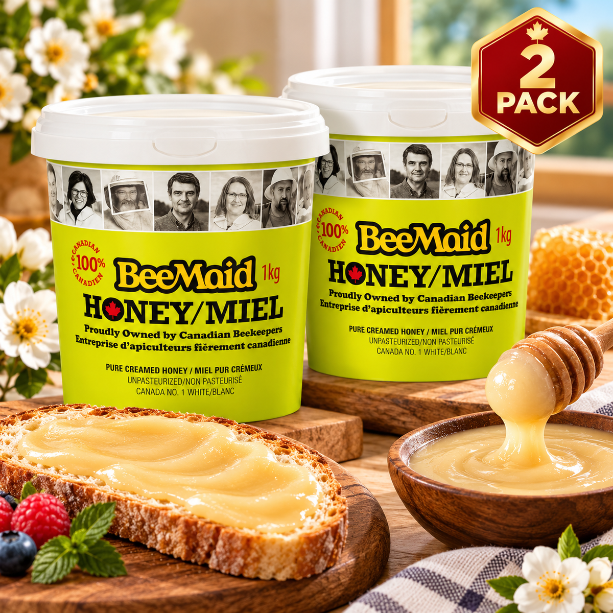 BeeMaid 100% Pure Canadian Creamed Honey, 2-Pack × 1 kg (2 kg Total), Unpasteurized White Honey, Smooth & Creamy Spreadable Natural Honey for Toast, Tea, Oatmeal, Baking & Cooking