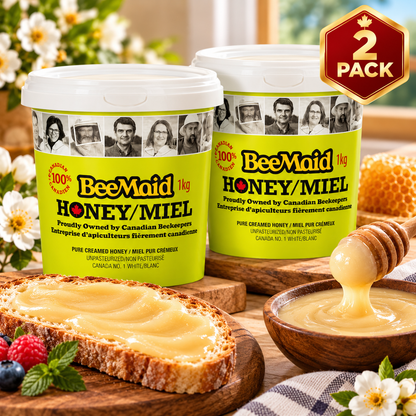 BeeMaid 100% Pure Canadian Creamed Honey, 2-Pack × 1 kg (2 kg Total), Unpasteurized White Honey, Smooth & Creamy Spreadable Natural Honey for Toast, Tea, Oatmeal, Baking & Cooking