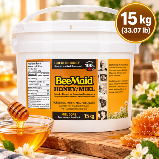 BeeMaid 100% Pure Canadian Liquid Golden Honey, 15 kg (33.07 lb), Canada No. 1 Golden Honey, Bulk Natural Sweetener for Baking, Cooking, Marinades, Restaurants, Cafés & Commercial Kitchens