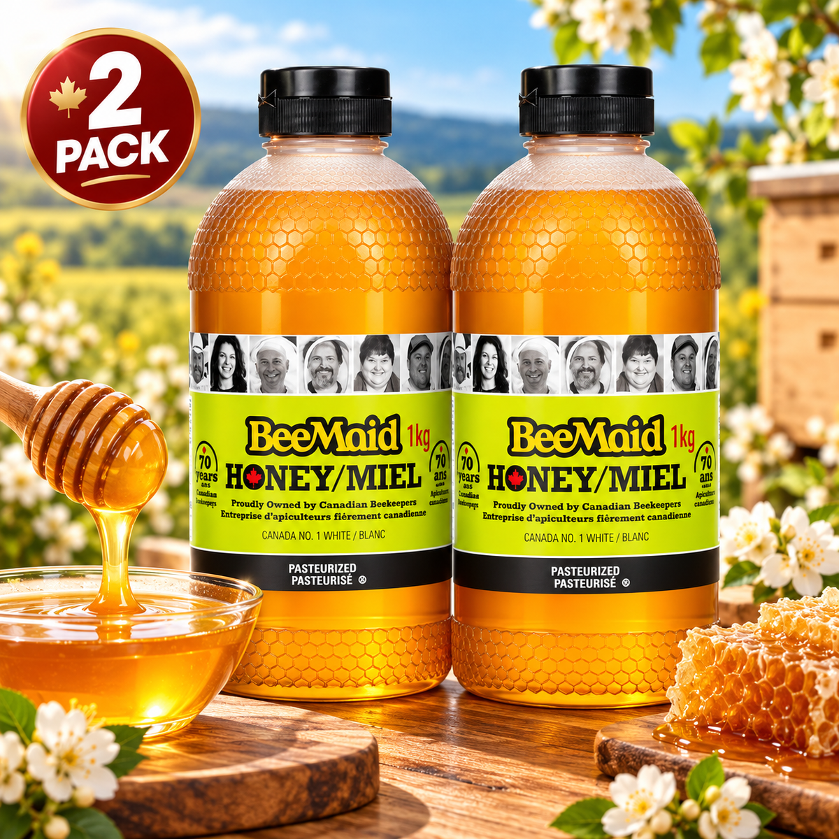 BeeMaid 100% Pure Canadian Liquid Honey, 2-Pack × 1 kg (2 kg Total), Golden Smooth Pourable Honey, Natural Sweetener for Tea, Coffee, Toast, Pancakes, Baking & Cooking