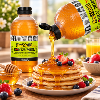 BeeMaid 100% Pure Canadian Liquid Honey, 2-Pack × 1 kg (2 kg Total), Golden Smooth Pourable Honey, Natural Sweetener for Tea, Coffee, Toast, Pancakes, Baking & Cooking