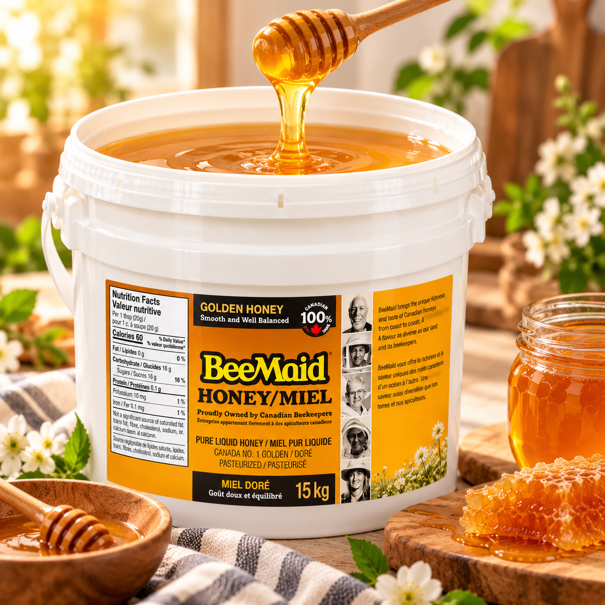 BeeMaid 100% Pure Canadian Liquid Golden Honey, 15 kg (33.07 lb), Canada No. 1 Golden Honey, Bulk Natural Sweetener for Baking, Cooking, Marinades, Restaurants, Cafés & Commercial Kitchens